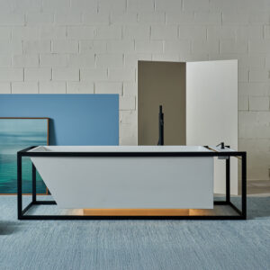 Perímetro - OT. Rectangular Bathtub With Stainless Steel Frame With Led (81 ¾" x 32 ¼" x 24 ½") Matte Black Stainless Steel/Brass