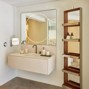 Quadra. 1 Drawer Cabinet. LED + socket. Moais Off White External Auto Touch Light. Met Brown Internal. Light Brown div
