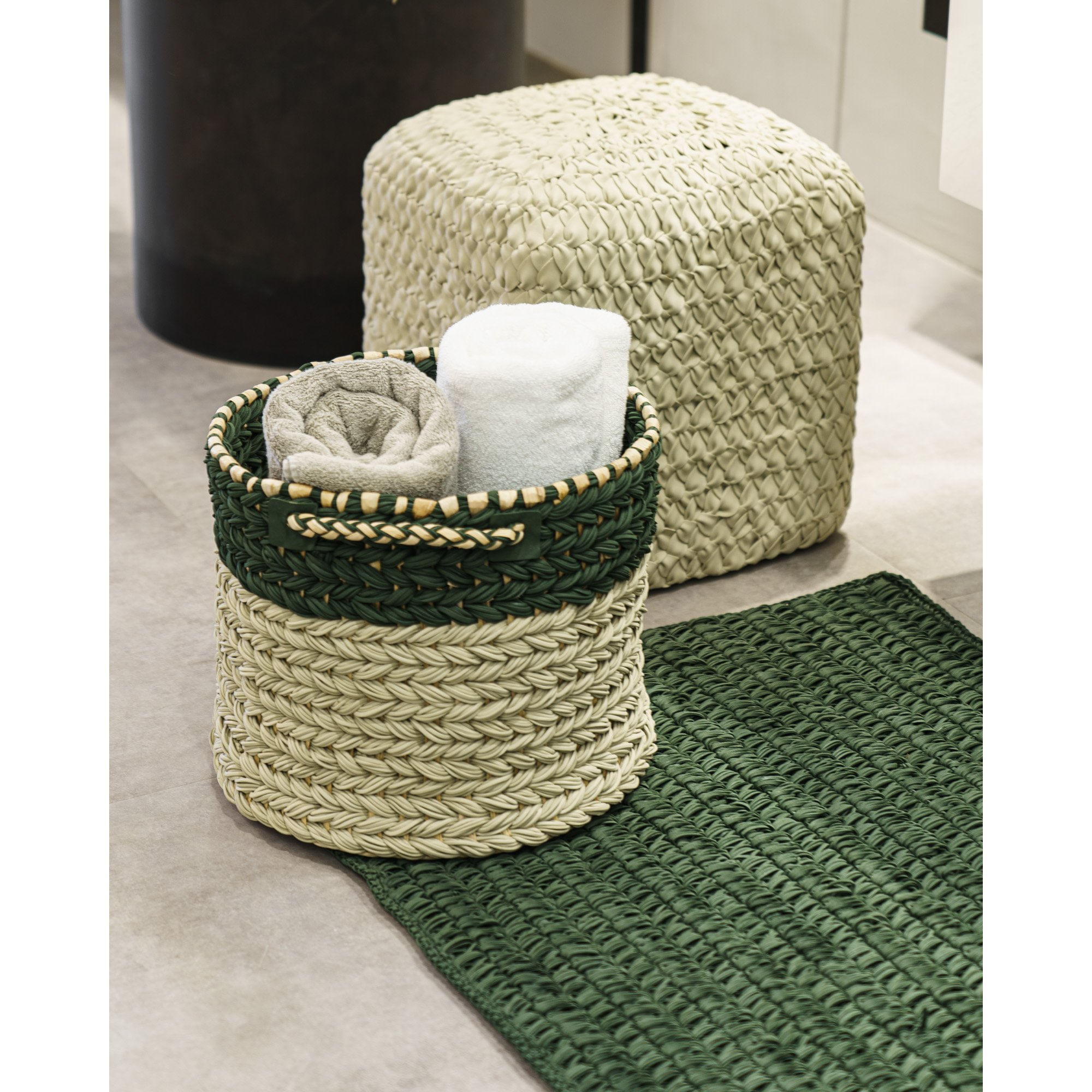 Cesto Pp Alças Paralelas Palha com Eva, Bicolor Verde / Fendi