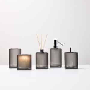 Lux - Kit #4 Stainless steel lid, (Soap dispenser, Cotton Holder with Swab Holder, Open Brush Holder, Diffuser Holder) + Candle holder with candle, resin/polished stainless steel