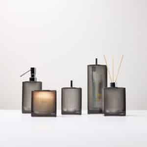 Lux - Kit #3 Stainless steel lid, (Soap dispenser, Cotton Holder with Swab Holder, Closed Brush Holder, Diffuser Holder) + Candle holder with candle, resin/polished stainless steel